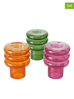 3-delige Set: Theelichthouders "Loops" Oranje/groen/roze - (H)13 X Ø 10 Cm