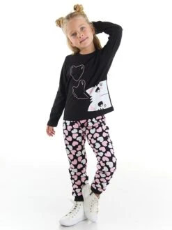 2-delige Outfit "Cat&Hearts" Zwart/lichtroze/wit