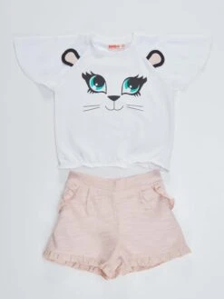 2-delige Outfit "White Cat" Wit/lichtroze -Gstar Kleding Winkel denokids 2 delige outfit white cat wit lichtroze 2
