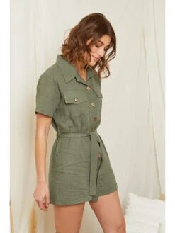 Linnen Jumpsuit Olijfgroen -Gstar Kleding Winkel rodier lin linnen jumpsuit olijfgroen 2